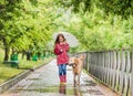 Little girl walking under rain with dog Royalty Free Stock Photo