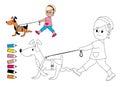 Little girl walks with her favorite dog, coloring book Royalty Free Stock Photo