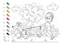 Little girl walks with her favorite dog on a leash in the park, coloring book Royalty Free Stock Photo