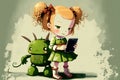 Little girl walks with her funny robot, kid uses mobile phone, illustration, generative AI