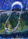 Little girl walks through a magical forest. Night, crescent moon, wild animals. Watercolor illustration for The Seven Royalty Free Stock Photo