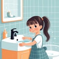 A little girl was washing hands , children\'s book illustration style.