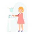 Little girl washes her hands. Healthy lifestyle concept. Vector illustration for banners, posters, postcard. Cartoon style