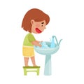 Little Girl Washing Hands Standing on Stool in Front of the Sink Vector Illustration Royalty Free Stock Photo