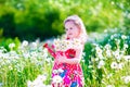 Little girl with water can in a daisy flower field. Royalty Free Stock Photo