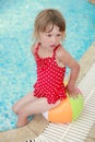 Little girl in the water pool with a ball Royalty Free Stock Photo