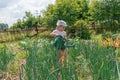 Child watering the garden from a watering can Royalty Free Stock Photo