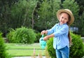 Little girl watering flowers in backyard. Home Royalty Free Stock Photo