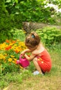 Little girl watering flowers in the garden Royalty Free Stock Photo