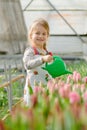 Little girl watering flowers in a greenhouse.