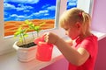 Little girl watering young plants in pot. Sandy desert behind window of room where little girl living Royalty Free Stock Photo