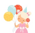 Little Girl Wearing Birthday Hat Carrying Candy and Bunch of Balloons Vector Illustration