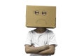 Little girl wearing cardboard box on his head with unglÃÂ¼cklich,  on white Royalty Free Stock Photo