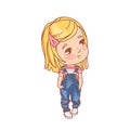 Little girl wearing jeans. Girl of 5-10 years with blonde hair standing.