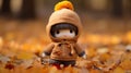 a little girl wearing a knitted sweater standing in a pile of fallen leaves