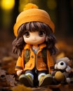 a little girl wearing an orange coat and hat sits on the ground with a stuffed animal