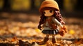 a little girl wearing an orange hat stands in a field of fallen leaves