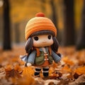 a little girl wearing an orange hat stands in a pile of fallen leaves