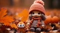 a little girl wearing an orange sweater and hat sits on the ground next to an orange stuffed animal