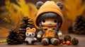 a little girl wearing an orange sweater and hat sits next to a stuffed panda bear