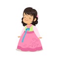 Little girl wearing pink dress, national costume of Korea colorful character vector Illustration