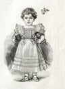 Little girl wearing vintage dress toy doll Antique engraving