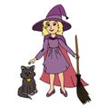 Little girl wearing witch Halloween costume and black cat Royalty Free Stock Photo