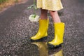 Little girl Wearing yellow Rain Boots standing In A Puddle Royalty Free Stock Photo