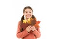 Little girl welcome autumn season. Small girl celebrating fall. Find inspiration in nature. Inspiring season. Good mood