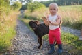 little girl in white clothes plays with black dog. Communication of children and animals. Good home dog outdoor