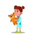 Little Girl In White Coat And Stethoscope Plays Doctor And Treats Her Toy Vector Flat Cartoon Illustration Royalty Free Stock Photo