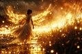 Little girl in white dress with angel wings on the background of golden lights Royalty Free Stock Photo