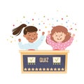 Little Girl Winning Quiz Game or Mind Sport Standing at Press Button and Cheering Vector Illustration