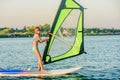 Little girl winsurfing on Ada Bojana, Montenegro