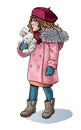 Little Girl in Winter Cloth, Bunny Rabbit Sketch