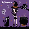 Little girl witch with black cat, owl, the witch`s cauldron, ghost spirits and text Halloween on violet background