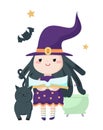 Little girl witch character reading spell in magic book Royalty Free Stock Photo