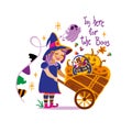 Little girl in a witch costume carries a cart with pumpkins. Royalty Free Stock Photo