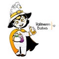 Little girl witch holding baby bottles with witchcraft potions. Happy Halloween card Royalty Free Stock Photo