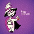 Little girl witch holding baby bottles with witchcraft potions. Happy Halloween card Royalty Free Stock Photo