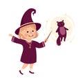 Little Girl Witch Wearing Purple Dress and Pointed Hat Practising Witchcraft and Doing Magic with Magic Wand Vector Royalty Free Stock Photo