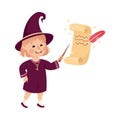 Little Girl Witch Wearing Purple Dress and Pointed Hat Practising Witchcraft and Doing Magic with Magic Wand Vector Royalty Free Stock Photo