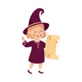 Little Girl Witch Wearing Purple Dress and Pointed Hat Practising Witchcraft and Doing Magic with Scroll Vector Royalty Free Stock Photo