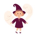 Little Girl Witch Wearing Purple Dress and Pointed Hat Standing with Ghost Practising Witchcraft and Doing Magic Vector Royalty Free Stock Photo