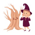 Little Girl Witch Wearing Purple Dress and Pointed Hat Standing Near Talking Tree Vector Illustration