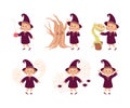 Little Girl Witch Wearing Purple Dress and Pointed Hat Vector Set Royalty Free Stock Photo