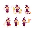 Little Girl Witch Wearing Purple Dress and Pointed Hat Vector Set Royalty Free Stock Photo