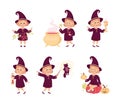 Little Girl Witch Wearing Purple Dress and Pointed Hat Vector Set Royalty Free Stock Photo