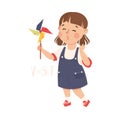 Little Girl Working on Physics Science Experiment with Pinwheel Blowing Wind Vector Illustration