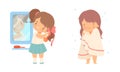 Little Girl Wrapped in Towel after Bathing and Braiding Hair in Front of Mirror Vector Set